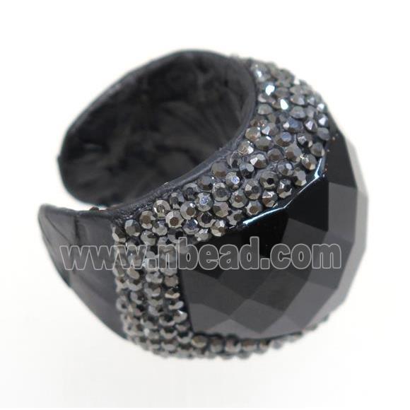 black agate Ring paved rhinestone