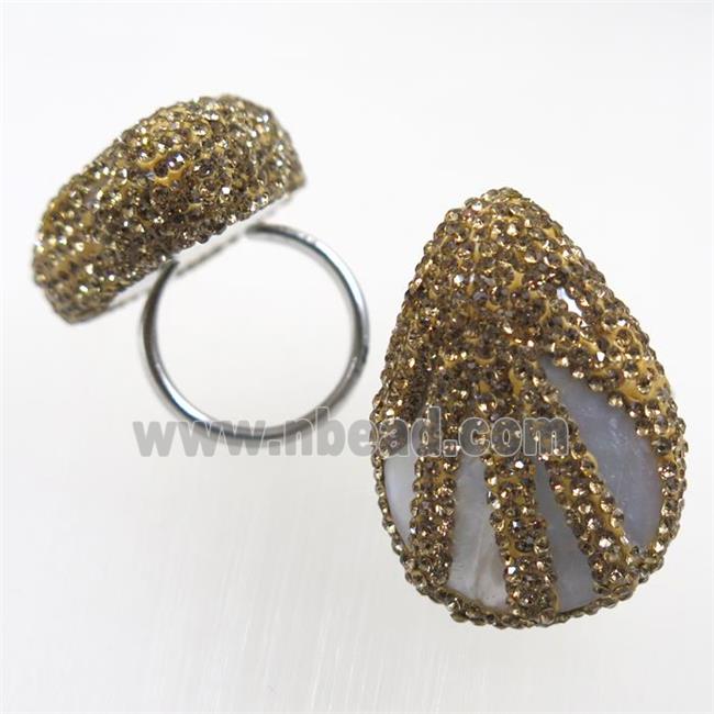 white freshwater Shell ring paved yellow rhinestone, teardrop