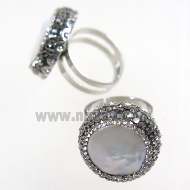 freshwater Pearl ring paved rhinestone