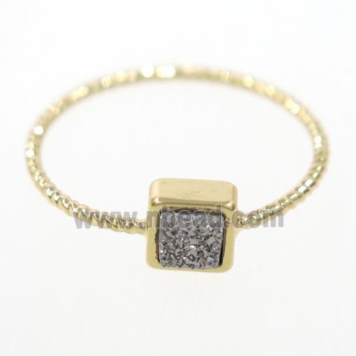 silver druzy quartz ring, square, gold plated