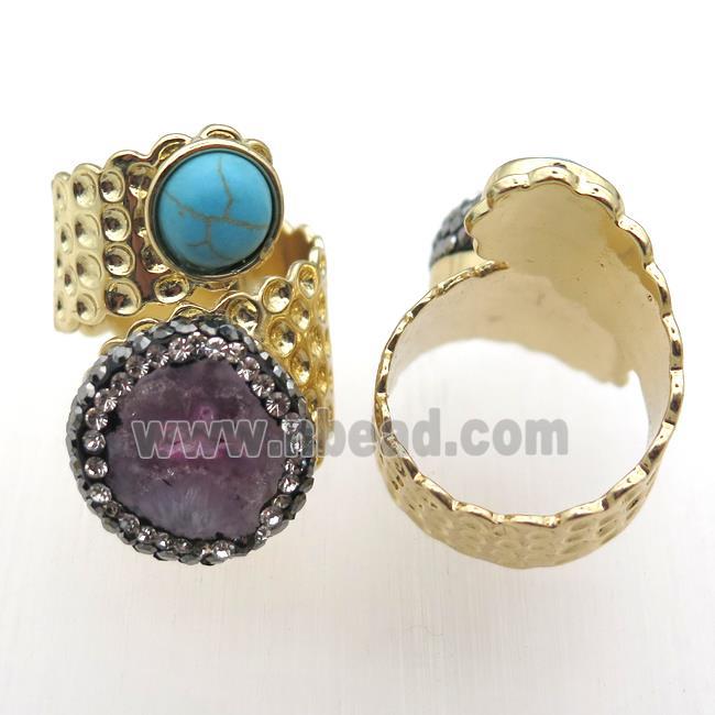 Agate Druzy Rings paved rhinestone, copper, gold plated