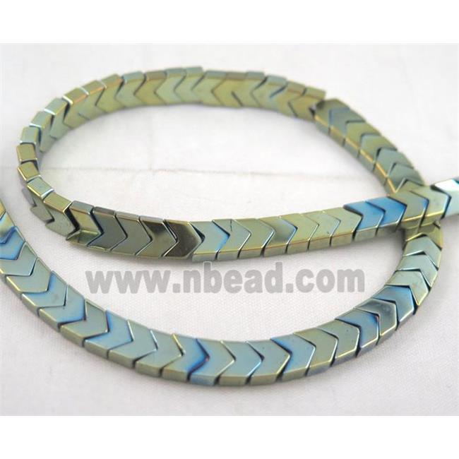 hematite arrowhead beads, green electroplated