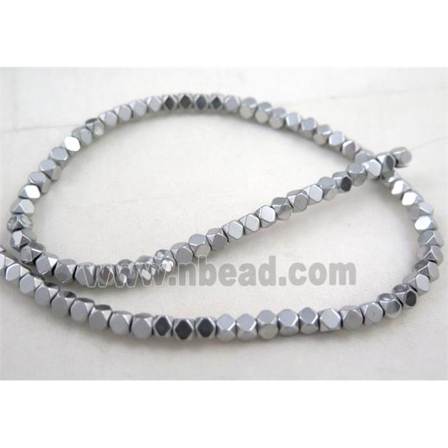 hematite beads, faceted round, silver electroplated