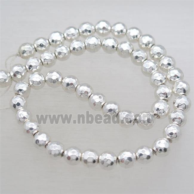 faceted round Hematite Beads, shiny silver plated