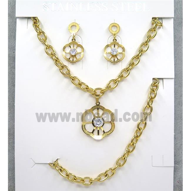 stainless steel necklace and earrings, bracelet, gold plated