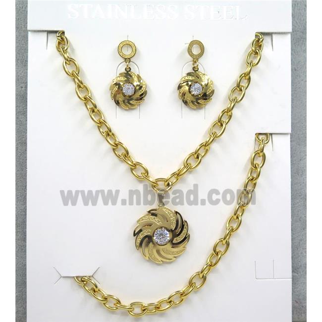 stainless steel necklace and earrings, bracelet, gold plated