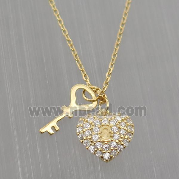 Sterling Silver Necklace pave zircon, heart-key, gold plated