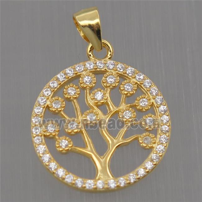 Sterling Silver pendant paved zircon, tree of life, gold plated