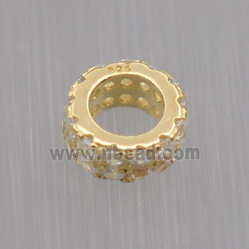 Sterling Silver beads paved zircon, rondelle, gold plated