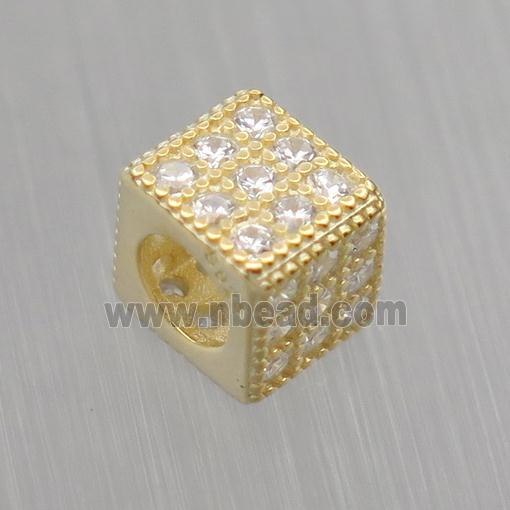 European style Sterling Silver cube beads paved zircon, gold plated