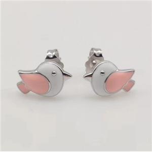 sterling silver birds Earring studs, pink enamel, approx 8-12mm