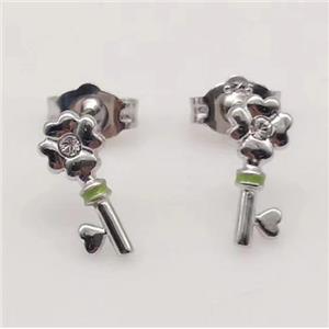 sterling silver Earring studs, key charm, enamel, approx 8-12mm