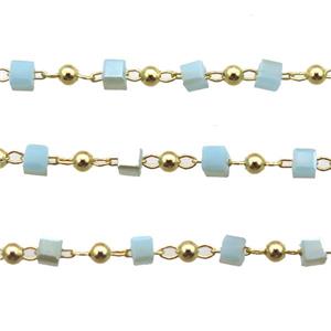 copper chain with blue crystal glass cube beads, gold plated, approx 2.5mm