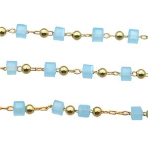 copper chain with blue crystal glass cube beads, gold plated, approx 2.5mm