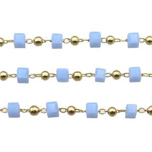 copper chain with blue crystal glass cube beads, gold plated, approx 2.5mm