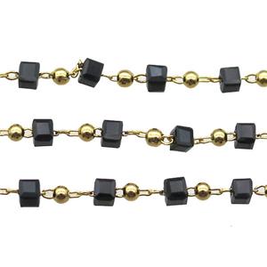 copper chain with black crystal glass cube beads, gold plated, approx 2.5mm