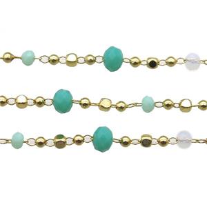 copper chain with crystal glass bead, faceted rondelle, gold plated, approx 2.5mm, 4mm dia