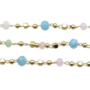 copper chain with crystal glass bead, faceted rondelle, gold plated, approx 2.5mm, 4mm dia