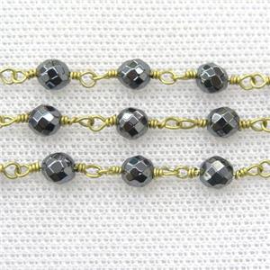 hematite beaded chain, raw brass, approx 6mm dia