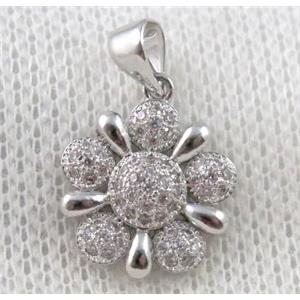 copper flower pendant paved zircon, platinum plated, approx 14mm dia