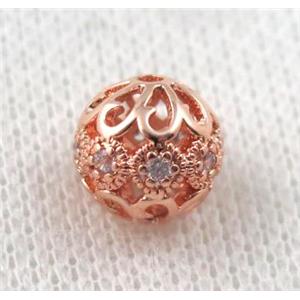 round copper bead paved zircon, hollow, rose gold, approx 10mm dia