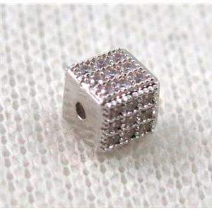 copper cube bead paved zircon, platinum plated, approx 5x5x5mm