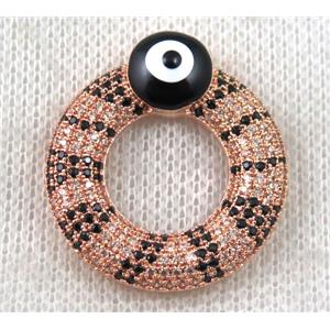 copper donut pendant paved zircon with evil eye, rose gold, approx 26mm dia