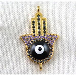 copper hamsahand connector paved zircon with evil eye, gold plated, approx 22-35mm