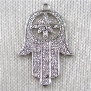 copper hamsahand pendant paved zircon, platinum plated, approx 22-35mm