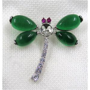 copper dragonfly brooch paved zircon with green jade, platinum plated, approx 50x50mm