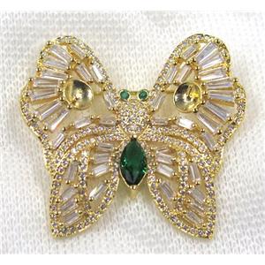 copper butterfly brooch paved zircon, gold plated, approx 38x40mm