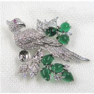 copper brooch paved zircon, platinum plated, bird, approx 40-50mm