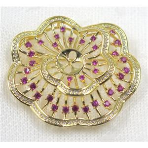 copper brooch paved zircon, gold plated, approx 42-50mm