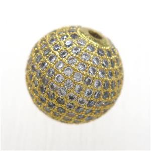 round copper beads pave zircon, gold plated, approx 10mm dia