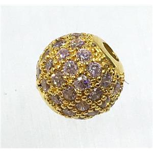 round copper beads pave zircon, gold plated, approx 8mm dia