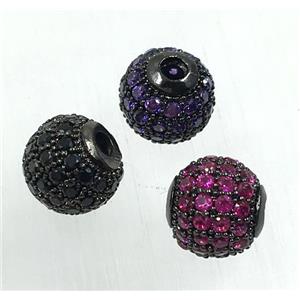 round copper beads pave zircon, black plated, mix color, approx 10mm dia