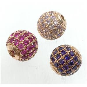 round copper beads pave zircon, gold plated, mix, approx 10mm dia