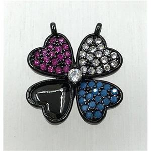 copper clover pendant paved zircon with 2loops, black plated, approx 14-16mm