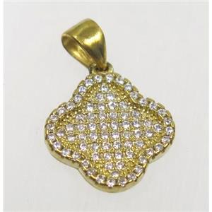 raw Brass Clover pendant paved zircon, approx 14mm