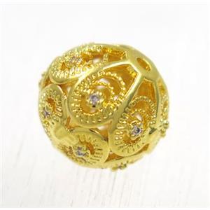 round copper beads pave zircon, gold plated, approx 6mm dia