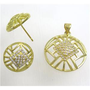 Raw Brass pendant and earring studs paved zircon, approx 21mm, 15mm dia