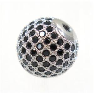 round copper beads paved black zircon, platinum plated, approx 8mm dia