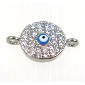 copper evil eye connector paved zircon, platinum plated, approx 10mm dia