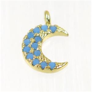 copper Crescent moon pendant paved zircon, gold plated, approx 8.5mm dia