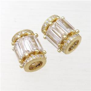 copper tube beads pave zircon, gold plated, approx 9x12mm, 5mm hole