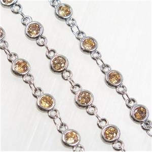 champagne zircon, copper chain, platinum plated, approx 4mm dia