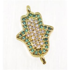 copper hamsahand connector pave zircon, gold plated, approx 11x13mm