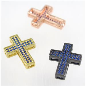 copper Cross beads paved blue zircon, mix color, approx 17x22mm