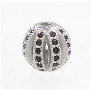 round Watermelon copper beads pave zircon, platinum plated, approx 8mm dia