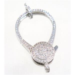 copper Lobster Clasp pave zircon, platinum plated, approx 22-35mm